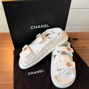 NIB - Authentic CHANEL Velcro Sandals in White Calfskin Leather
